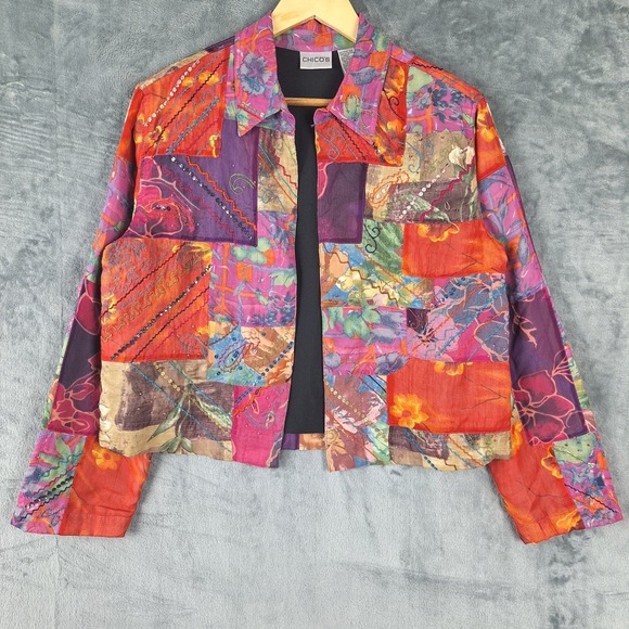 Chico's Jackets & Blazers - Chicos Jacket 1 Medium Silk Patchwork Artsy Art To Wear Colorful Floral Boho